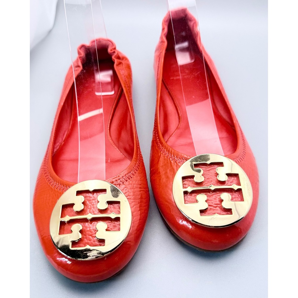 Tory Burch Reva Ballet Flats Women's 9 Orange Leather Gold Logo